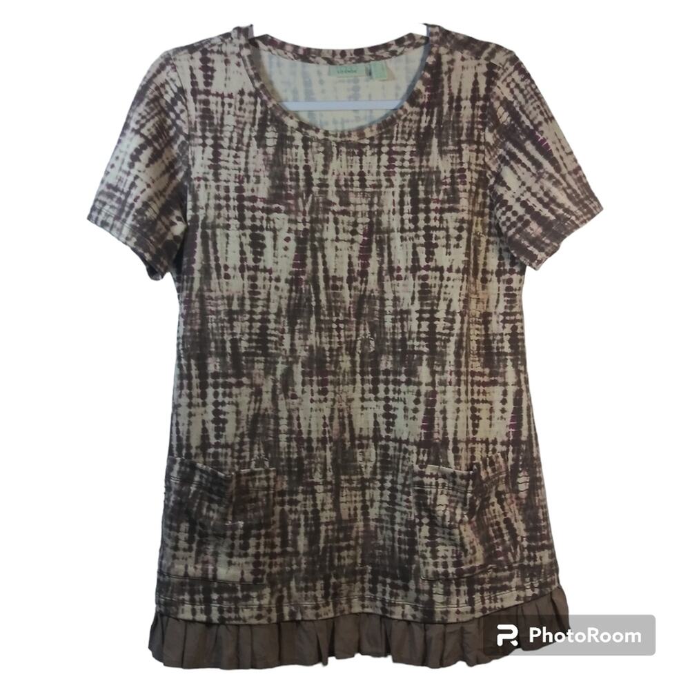 LOGO Lounge By Lori Goldstein Brown Cream Tie Dye Ruffle Hem Boho Top Size Small